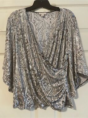 Db Established 1962 Women’s Formal Silver Grey Faux-Wrap Bell Sleeve Blouse XL